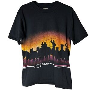 VINTAGE 1991 Cowboy Western Graphic Tee Colorado Sunset Oneita AOP Black Large